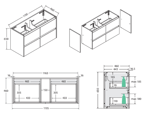 Sarah Semi-Inset, Crystal Amato 1200 Satin White Vanity, Scandi Oak Panels, Wall Hung - Image 4