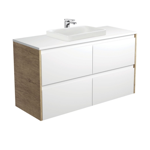 Sarah Semi-Inset, Crystal Amato 1200 Satin White Vanity, Scandi Oak Panels, Wall Hung