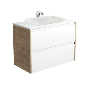 Sarah Semi-Inset, Crystal Amato 900 Satin White Vanity, Scandi Oak Panels, Wall Hung