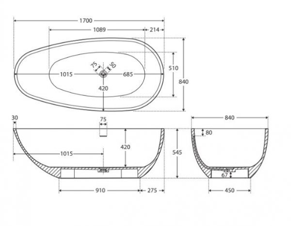 Bahama Cast Stone Bath 1700mm Matt Black - Image 3