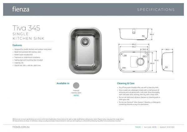 Tiva 345 Kitchen Sink Single Bowl - Image 2