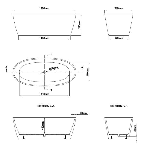 Milano Oval Freestanding Bath 1700 Matt White - Image 7